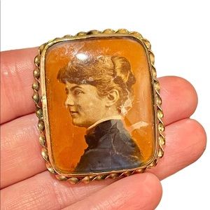 Antique rose gold Cameo brooch painted lady Victorian portrait